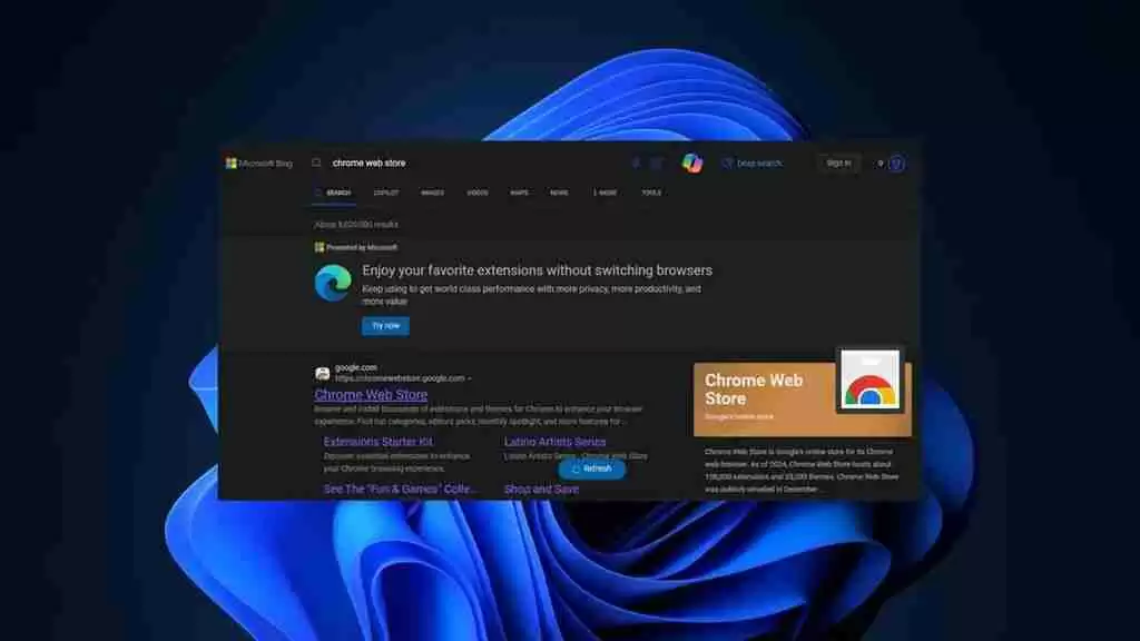 微软“围堵”谷歌浏览器:Bing 搜索“Chrome Web Store”跳推荐