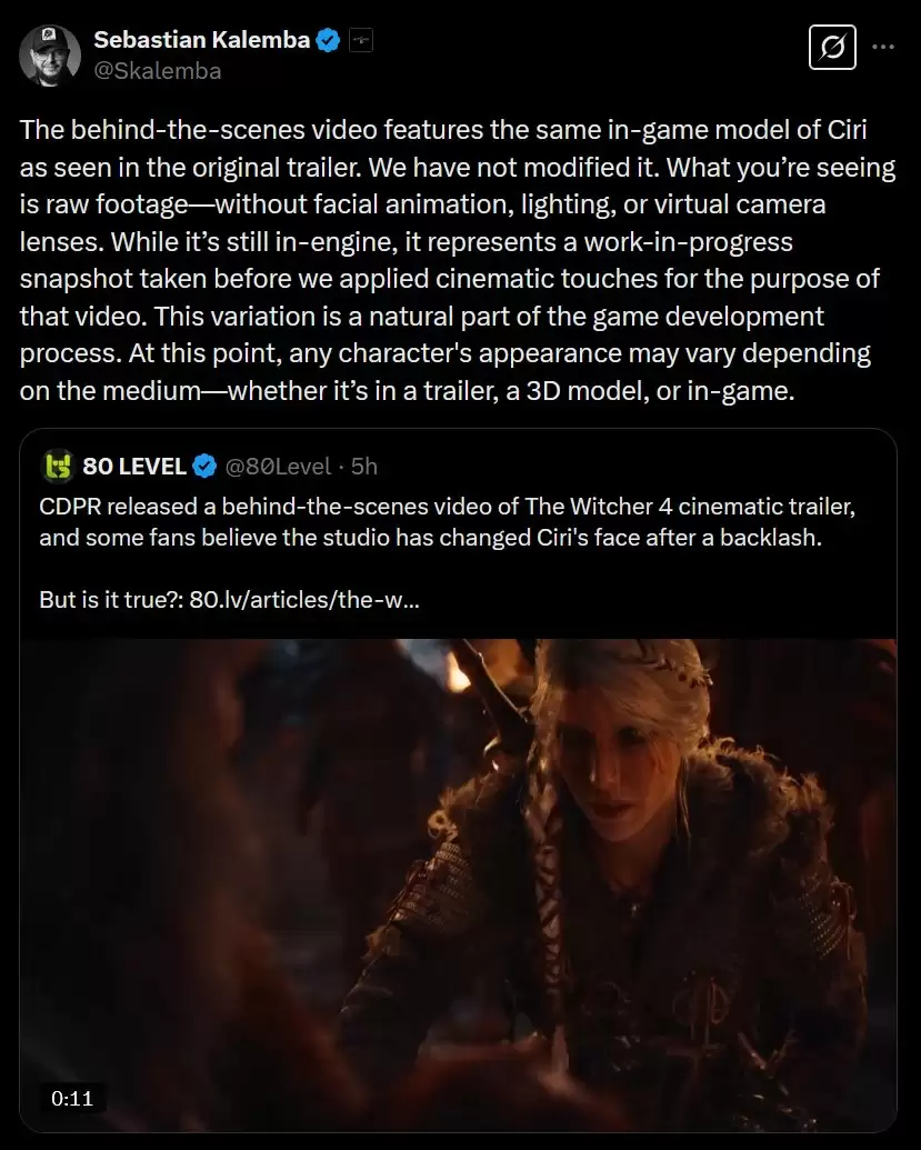 巫师4希里新造型引热议,开发团队澄清背后真相