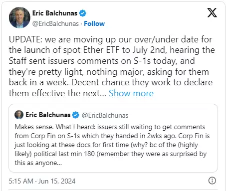 以太坊现货ETF获批在即，分析师预计7月2日开始交易