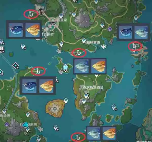 《原神》灰河渡手钓鱼地点分布图 灰河渡手精炼材料钓鱼点位攻略