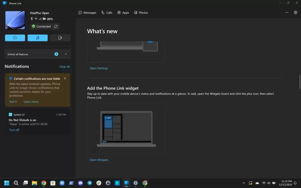 Windows Phone Link 应用提醒用户：更新安卓 15 后无法显示特定
