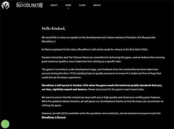 《吸血鬼:避世血族2》再次跳票 预计延期至10月份