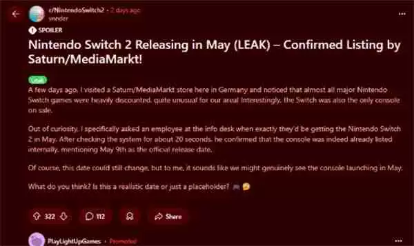 欧洲电子零售商内部清单曝光 Switch 2或于5月9日上线