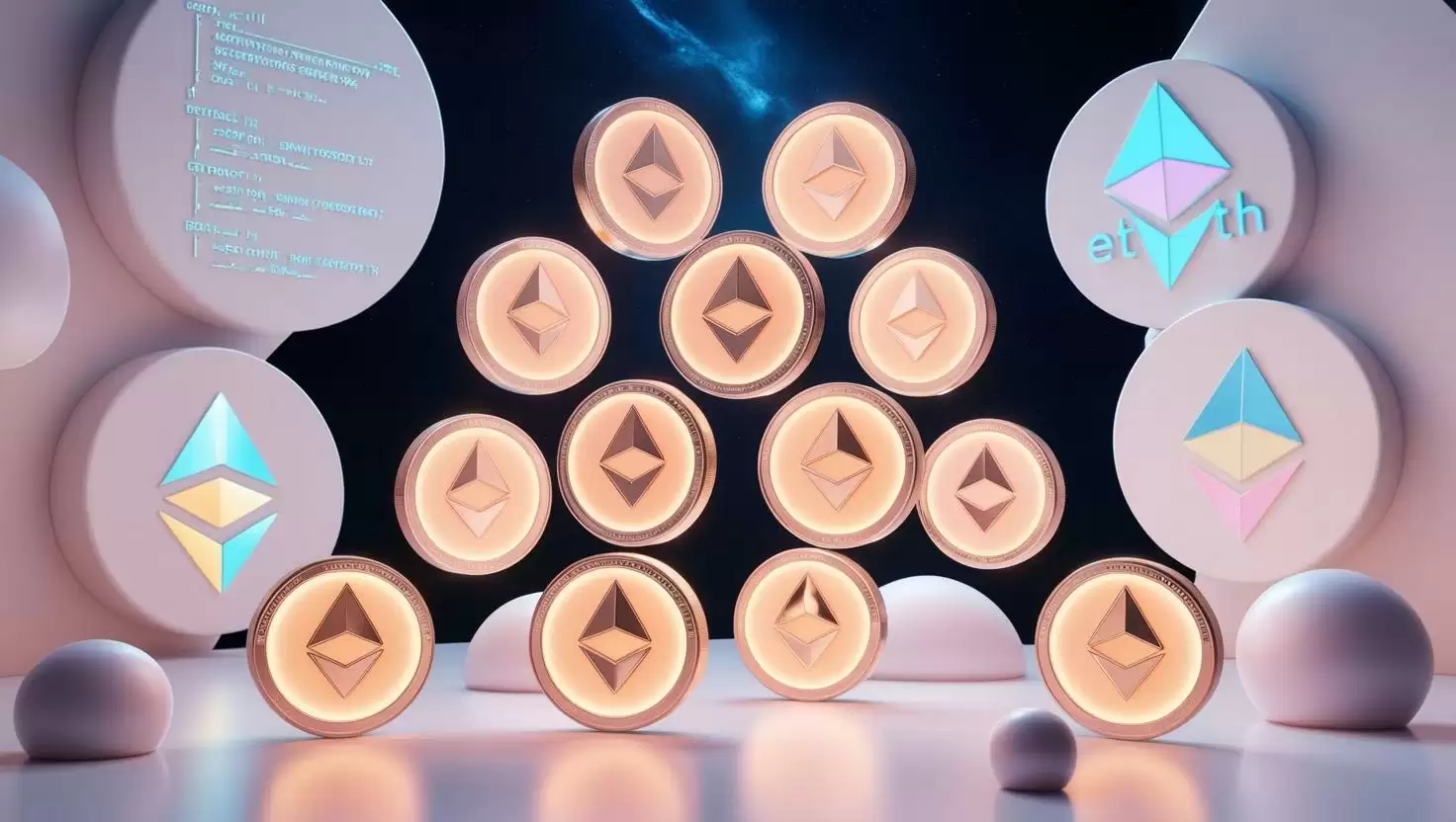 3D ARC-20 tokens floating in space, surrounded by Ethereum-related symbols and smart contract elements in a light style, no more element, no text.webp