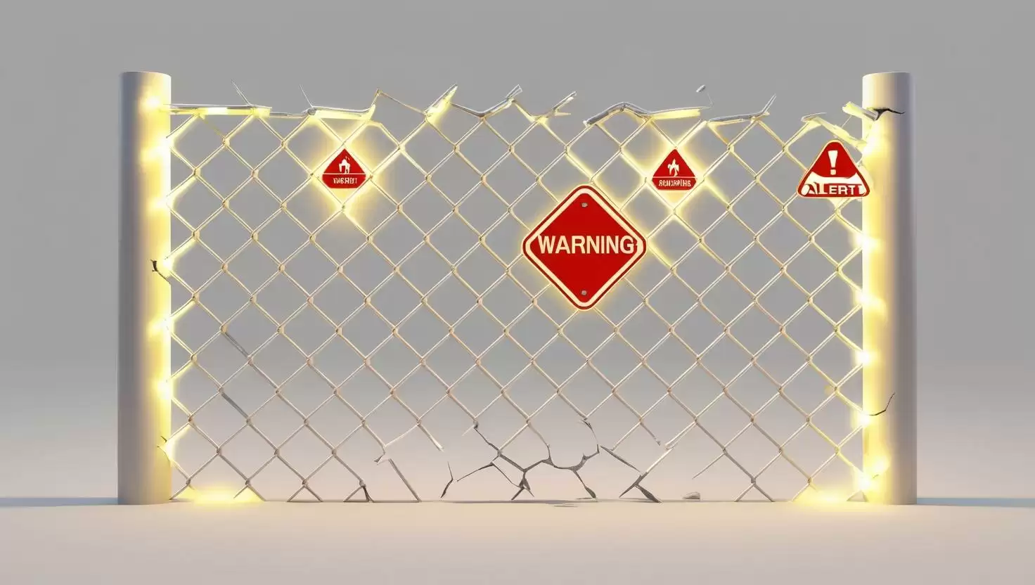 A cracked chain link with warning signs and alert symbols, showing vulnerability and potential attacks on blockchain systems in a light style, no more element, 3D style.webp