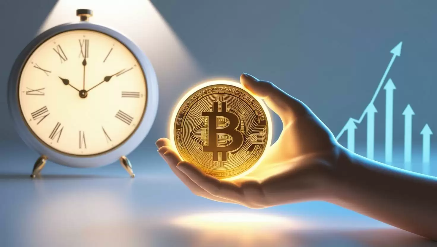 3D render of a hand holding a glowing Bitcoin coin, with a clock and price chart in the background in a light style, no more element, no word.webp