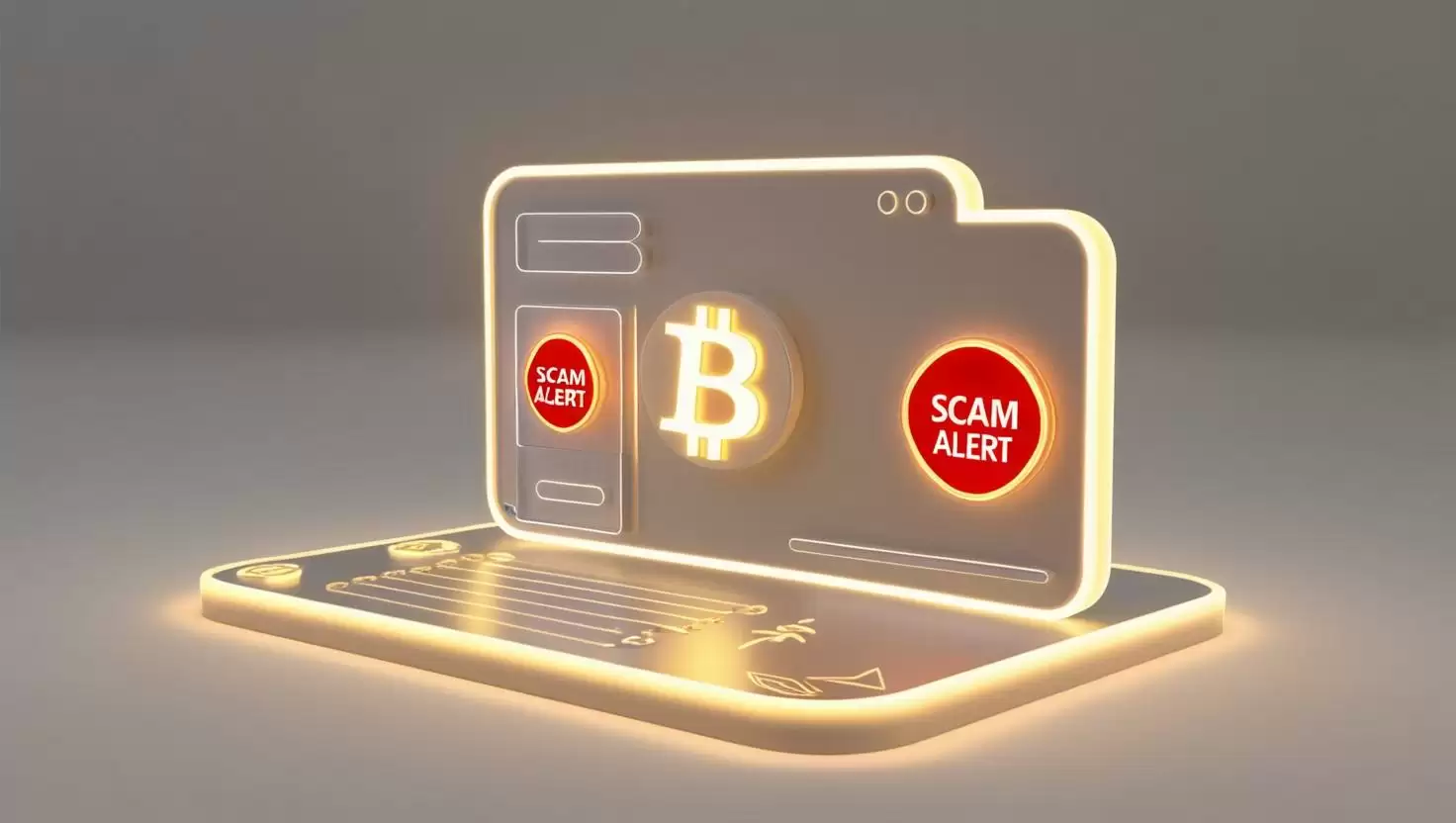 3D Glowing P2P transaction interface with red warning signs and scam alerts in a light style, no more element, no word.webp