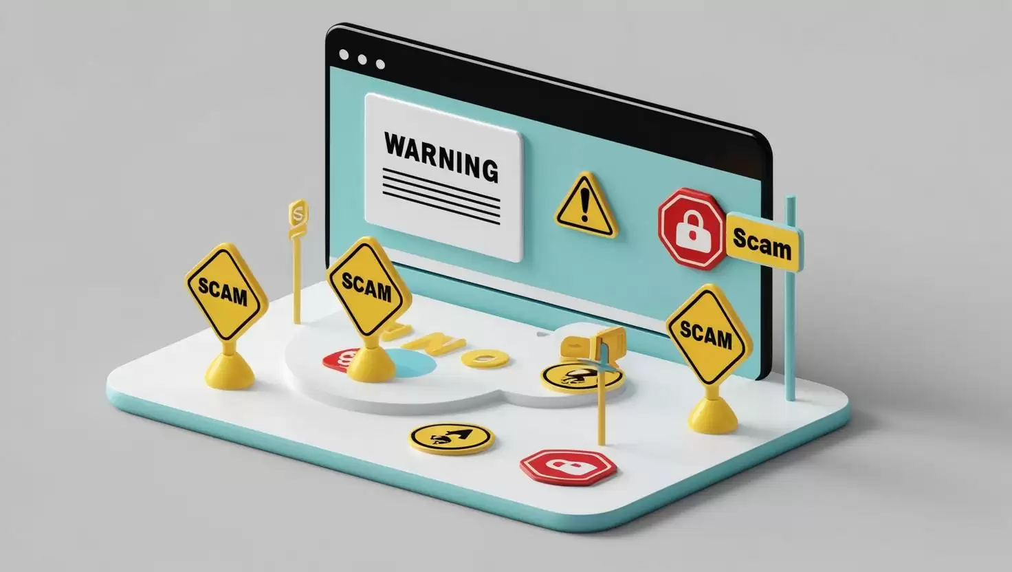 3D unregulated platform with warning signs and scam icons in a light style, no more element, no word (1).webp