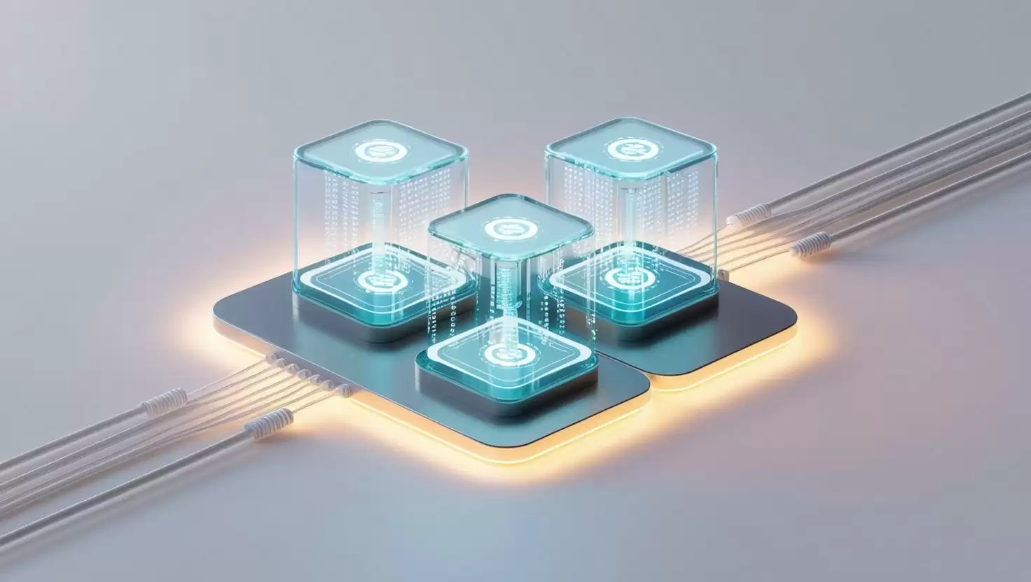 3D digital representation of a smart contract in action, with blockchain blocks and automated transactions moving smoothly between them in a light style, no more element, no text (1).webp