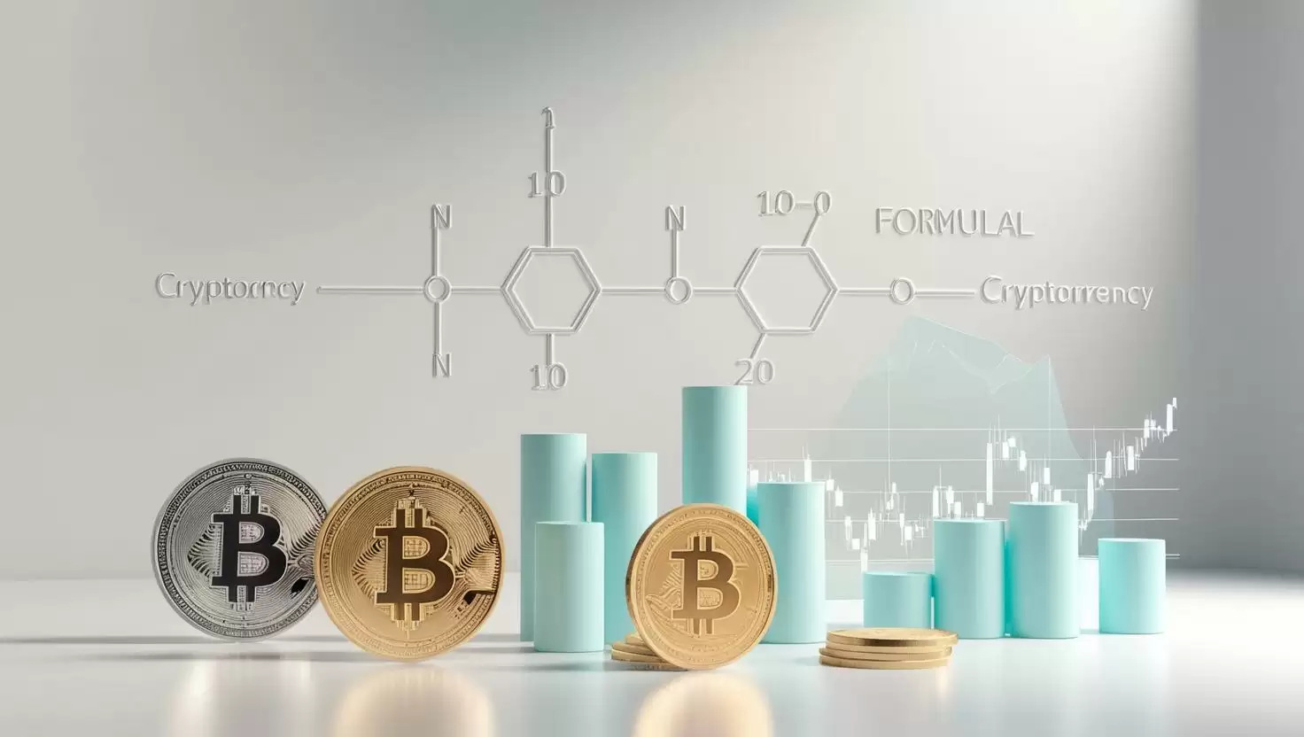 3D formula with cryptocurrency coins and investment charts in a light style, no more element, no word (3).webp