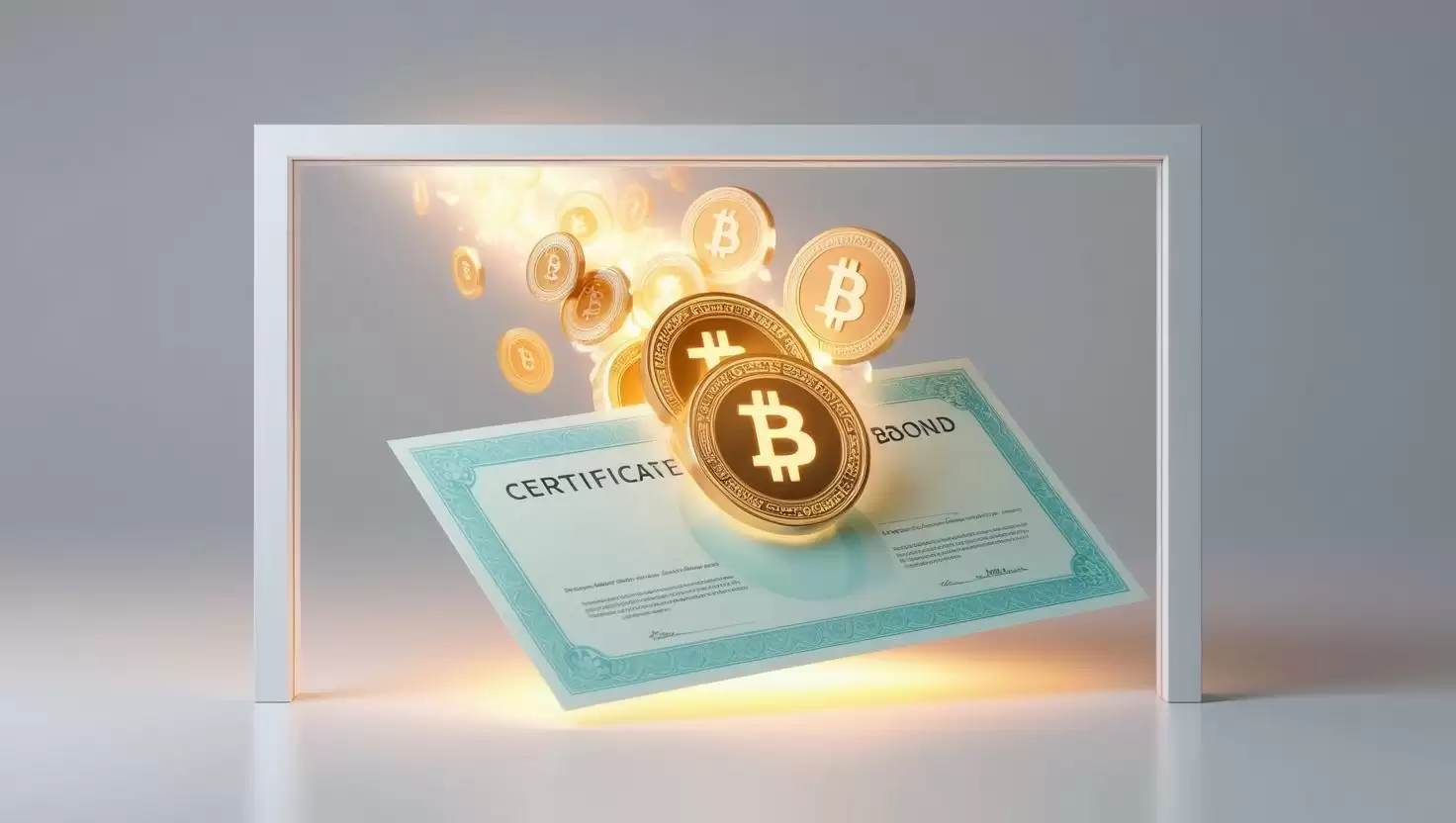 33D render of a glowing bond certificate transforming into digital tokens in a light style, no more element, no word.webp