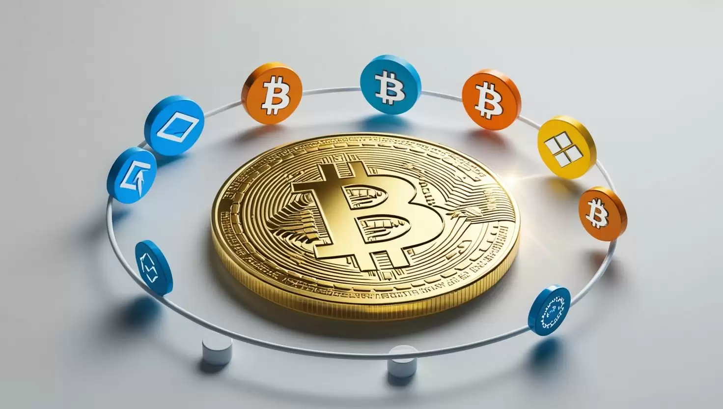 3D Bitcoin coin with altcoins and DeFi icons orbiting around  in  a light style, no more element, no word.webp