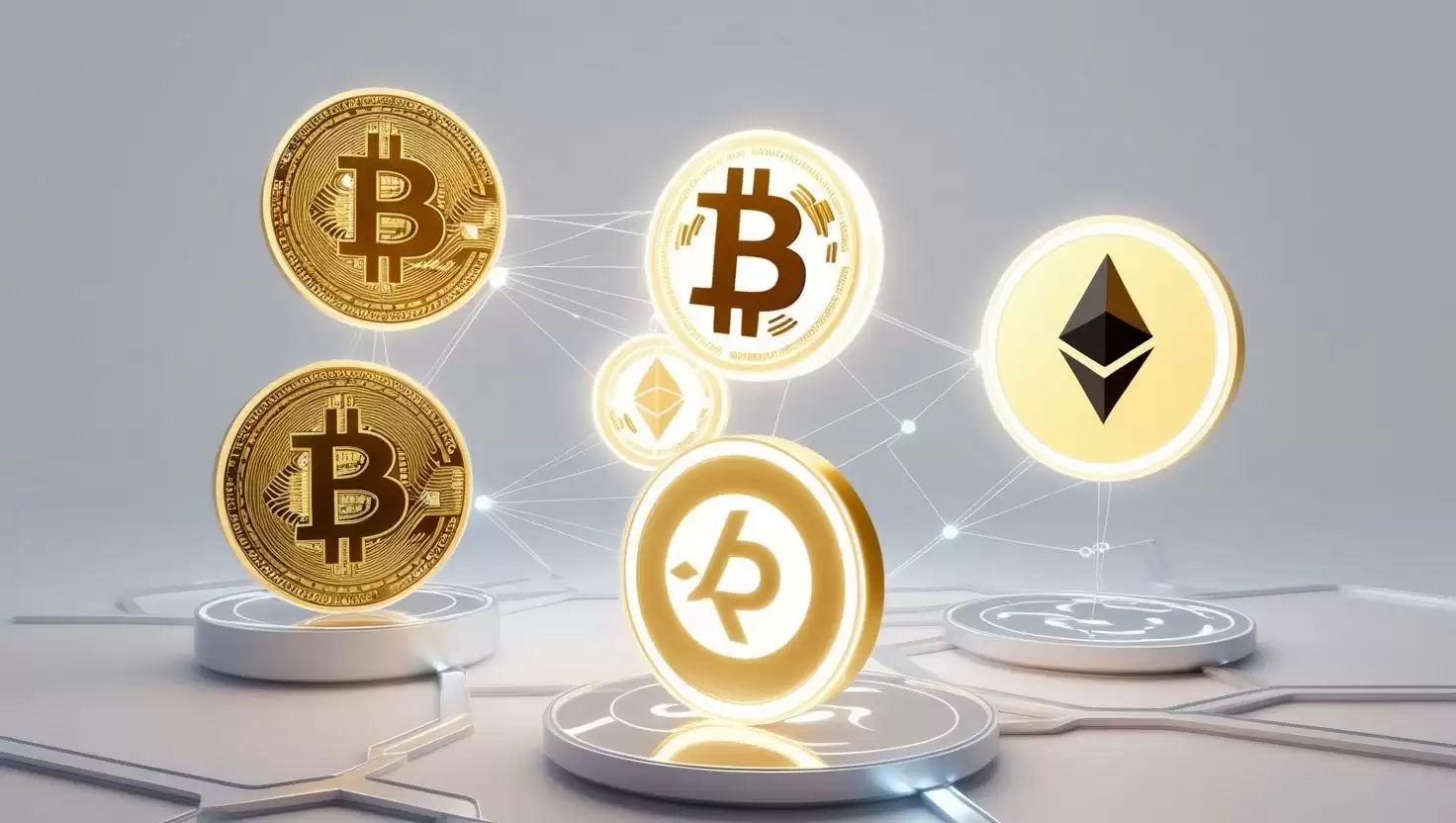 3D Glowing collection of major cryptocurrencies (Bitcoin, Ethereum, Solana, Ripple, Cardano) with blockchain network in a light style, no more element, no word (1).webp