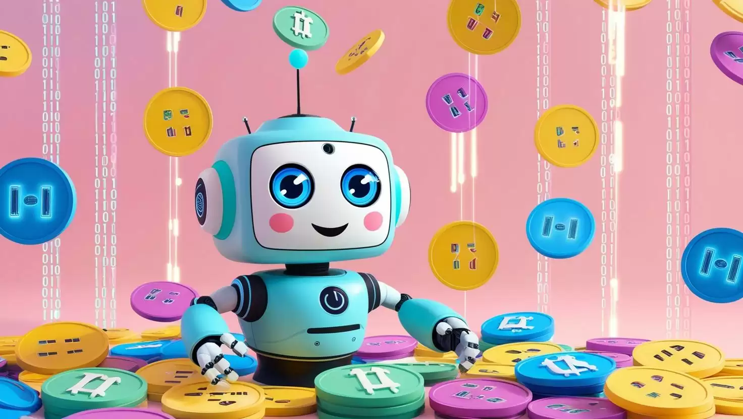 Playful AI robot surrounded by colorful meme coins and binary code a light style, no more element.webp