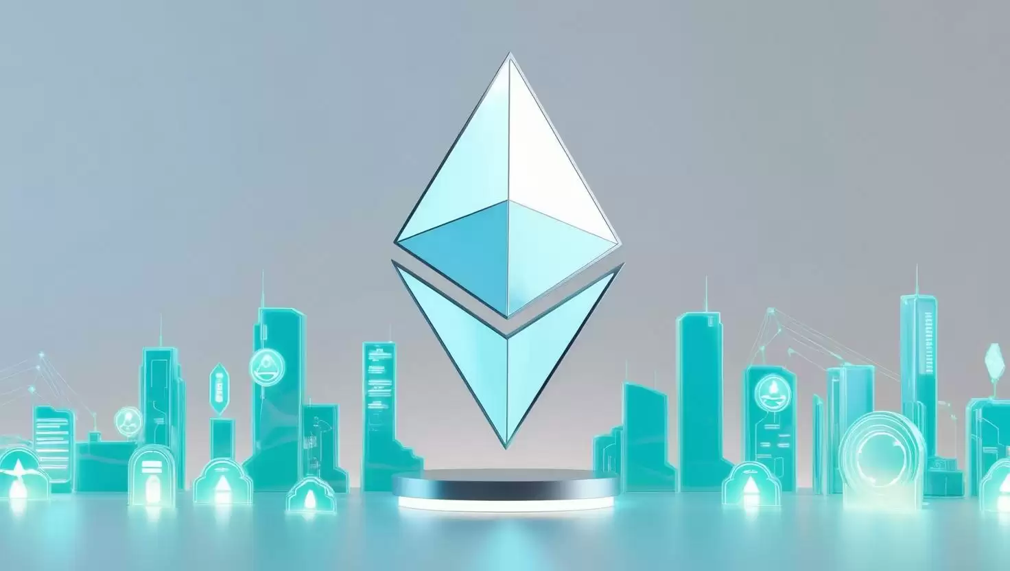 3D Ethereum  with futuristic tech icons  in  a light style, no more element, no word.webp
