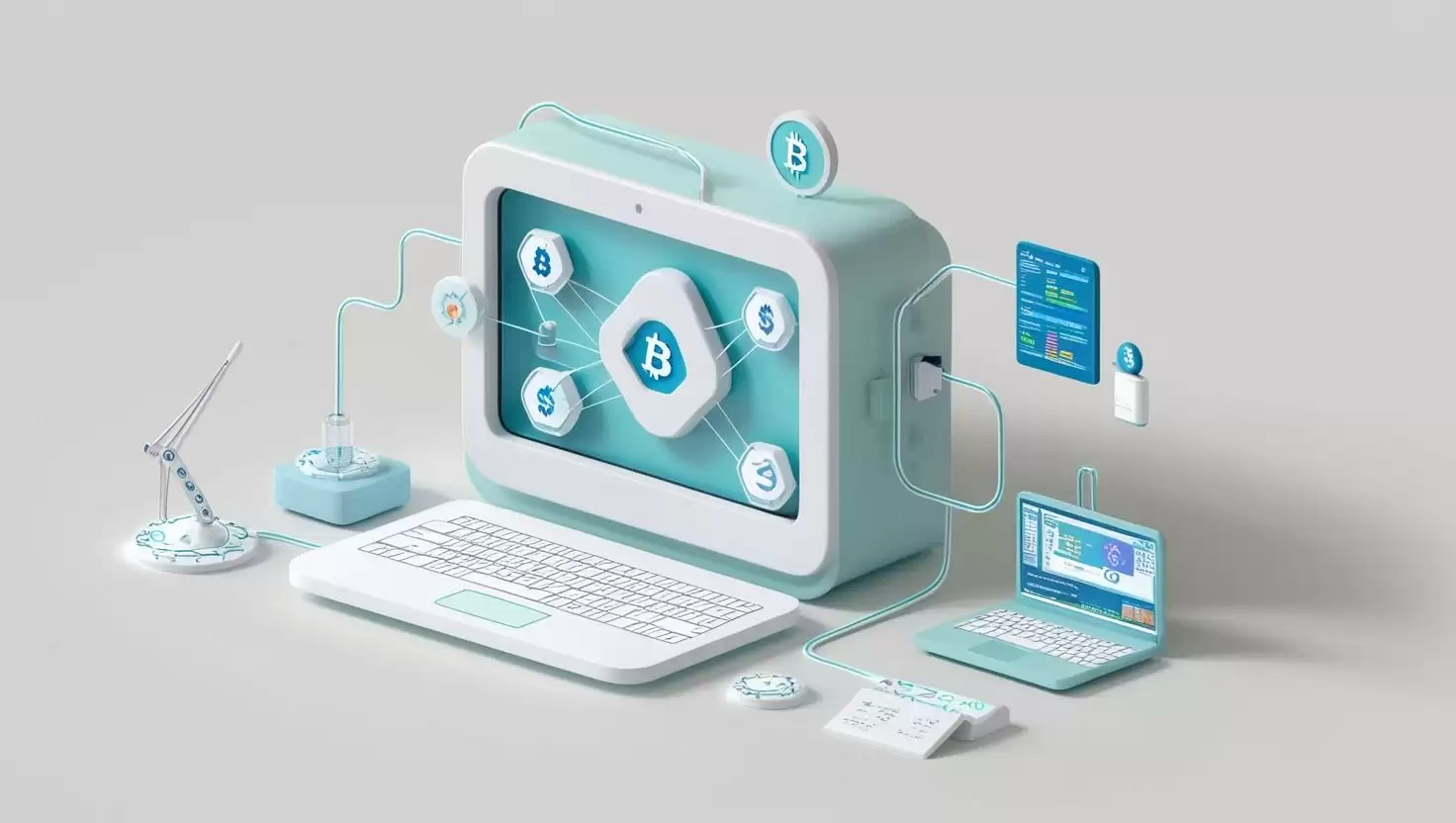 3D Virtual Machine with blockchain nodes and developer tools in  a light style, no more element, no word.webp