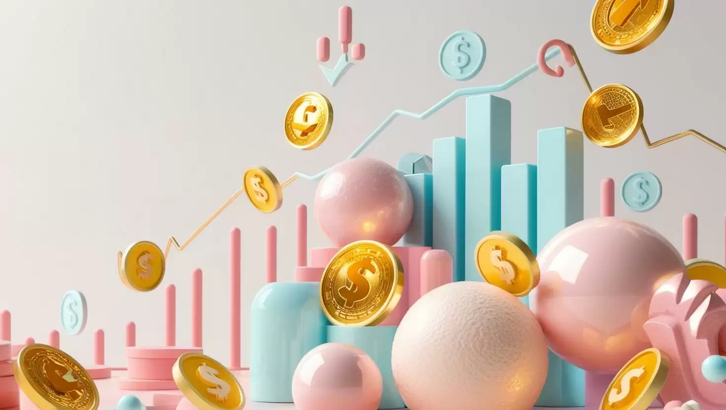 3D Background featuring a combination of gaming elements (e.g., virtual worlds, coins, tokens) and financial symbols (e.g., charts, graphs, dollar signs) in a light style, no more element, no text.webp