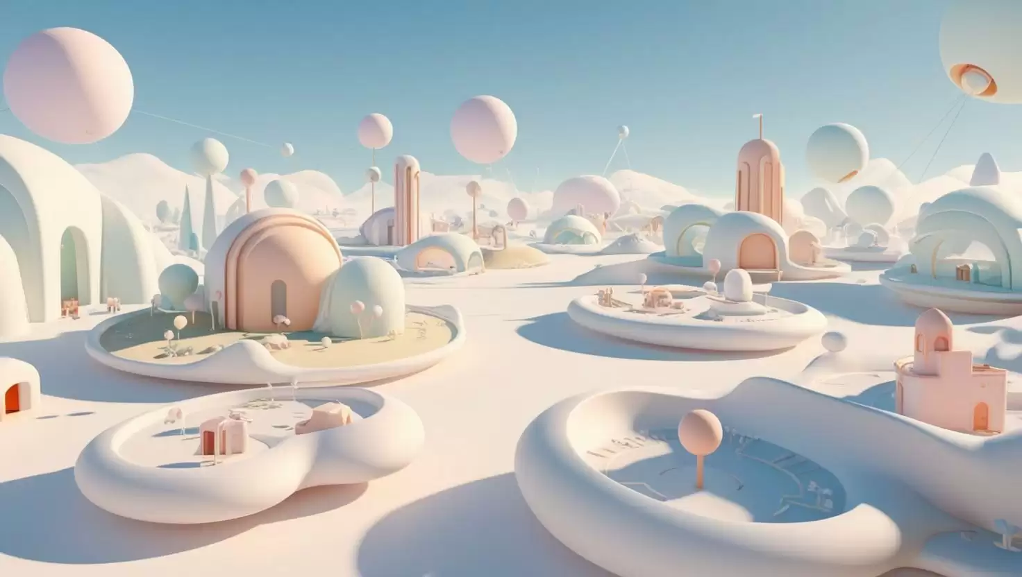 3D metaverse landscape with virtual worlds in a light style, no more element, no word.webp