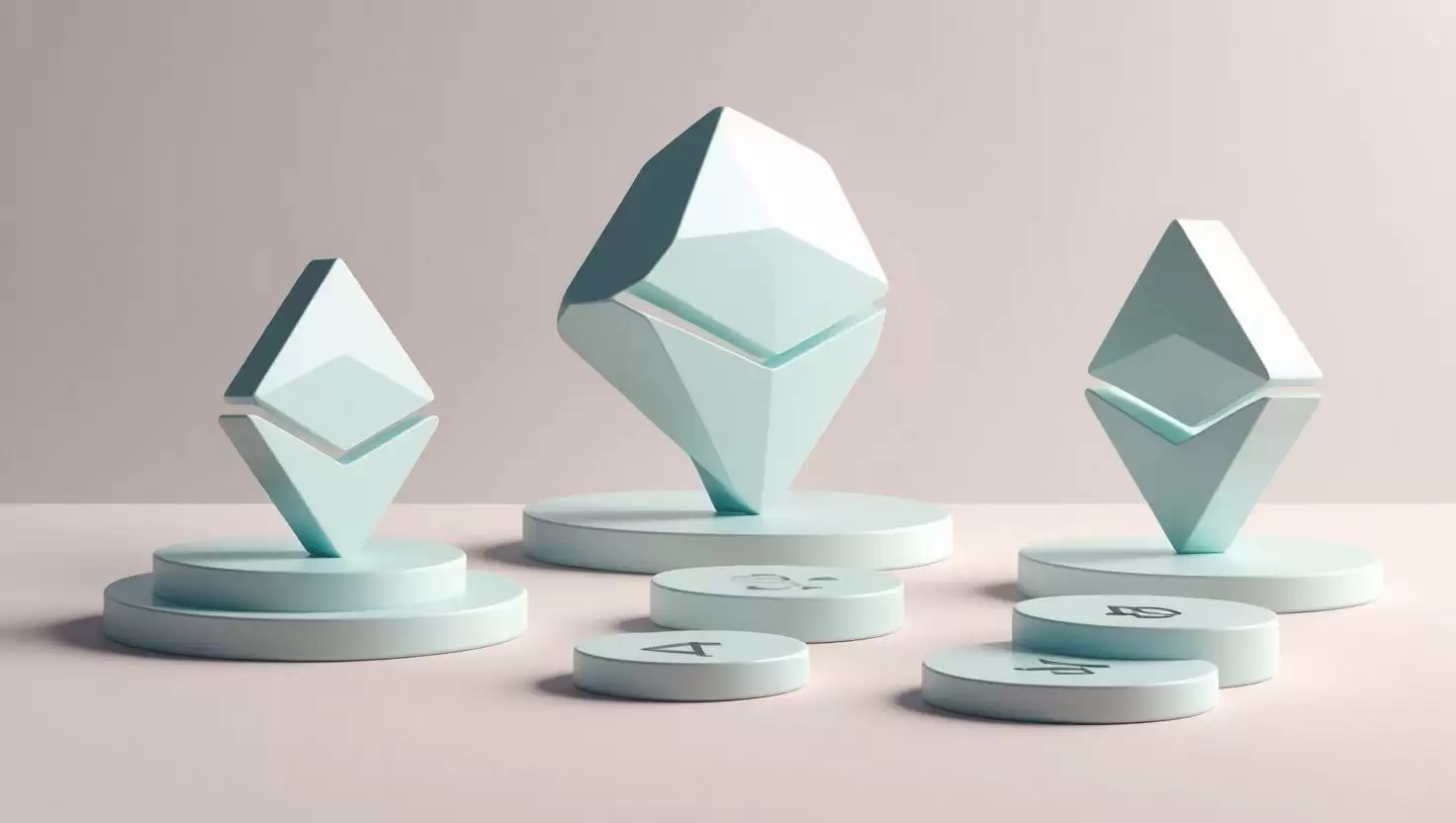 3D Ethereum blockchain and transaction icons in a light style, no more element, no word.webp