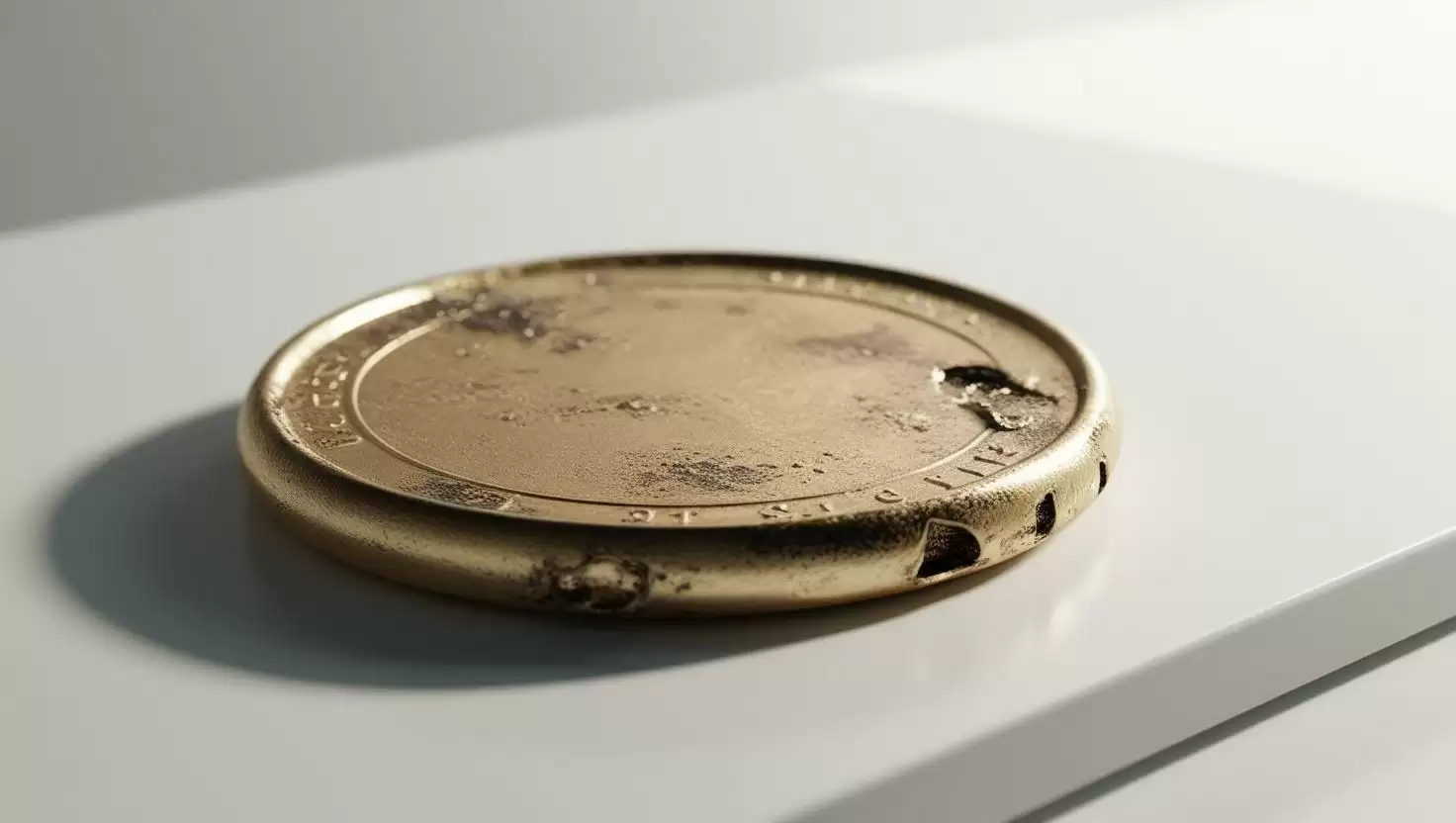 A 3D visual of a broken or deflated coin in a light style, no more element, no word.webp