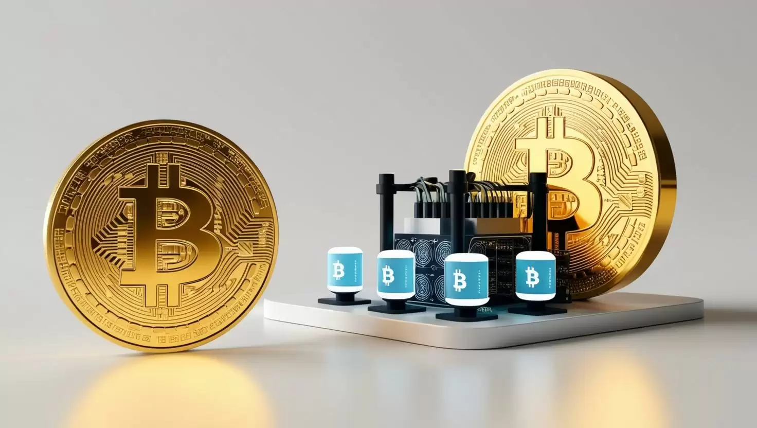 3D Glowing Bitcoin Gold coin with mining rig and blockchain nodes in  a light style, no more element, no word.webp