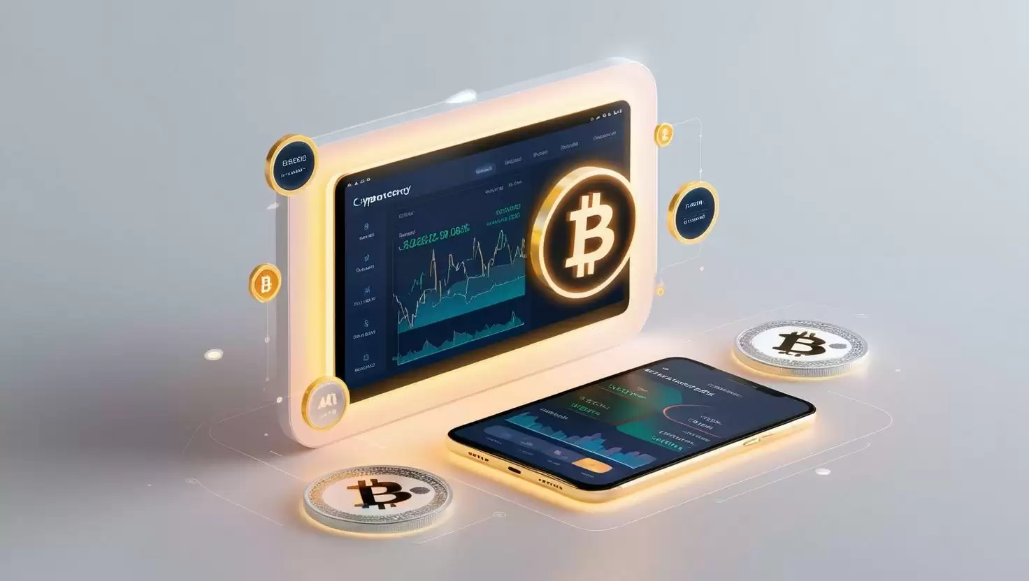 3D Glowing AI analyzing a crypto portfolio with risk management tools in  a light style, no more element, no word.webp