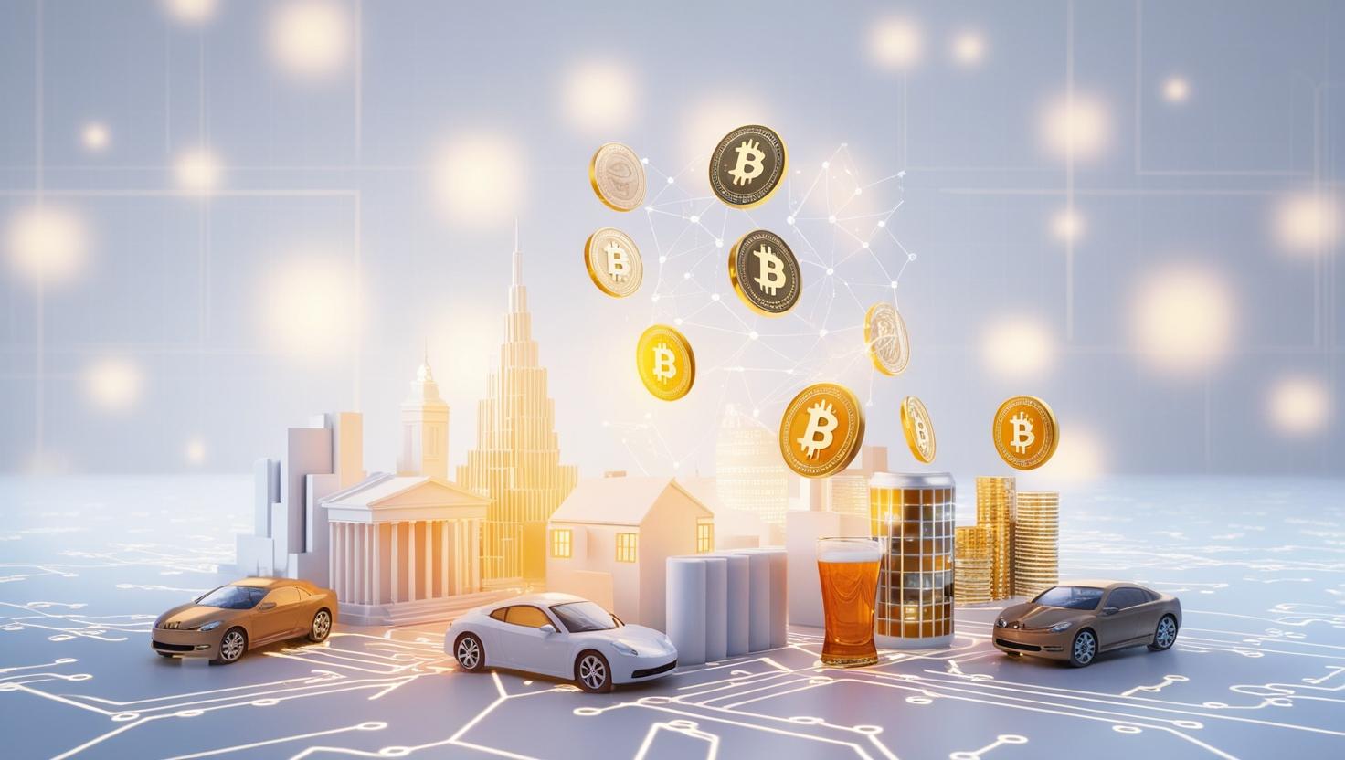 3D real-world objects like buildings, cars, and  bars being converted into  digital tokens, with blockchain grids in the background in a light style, no more element.jpg