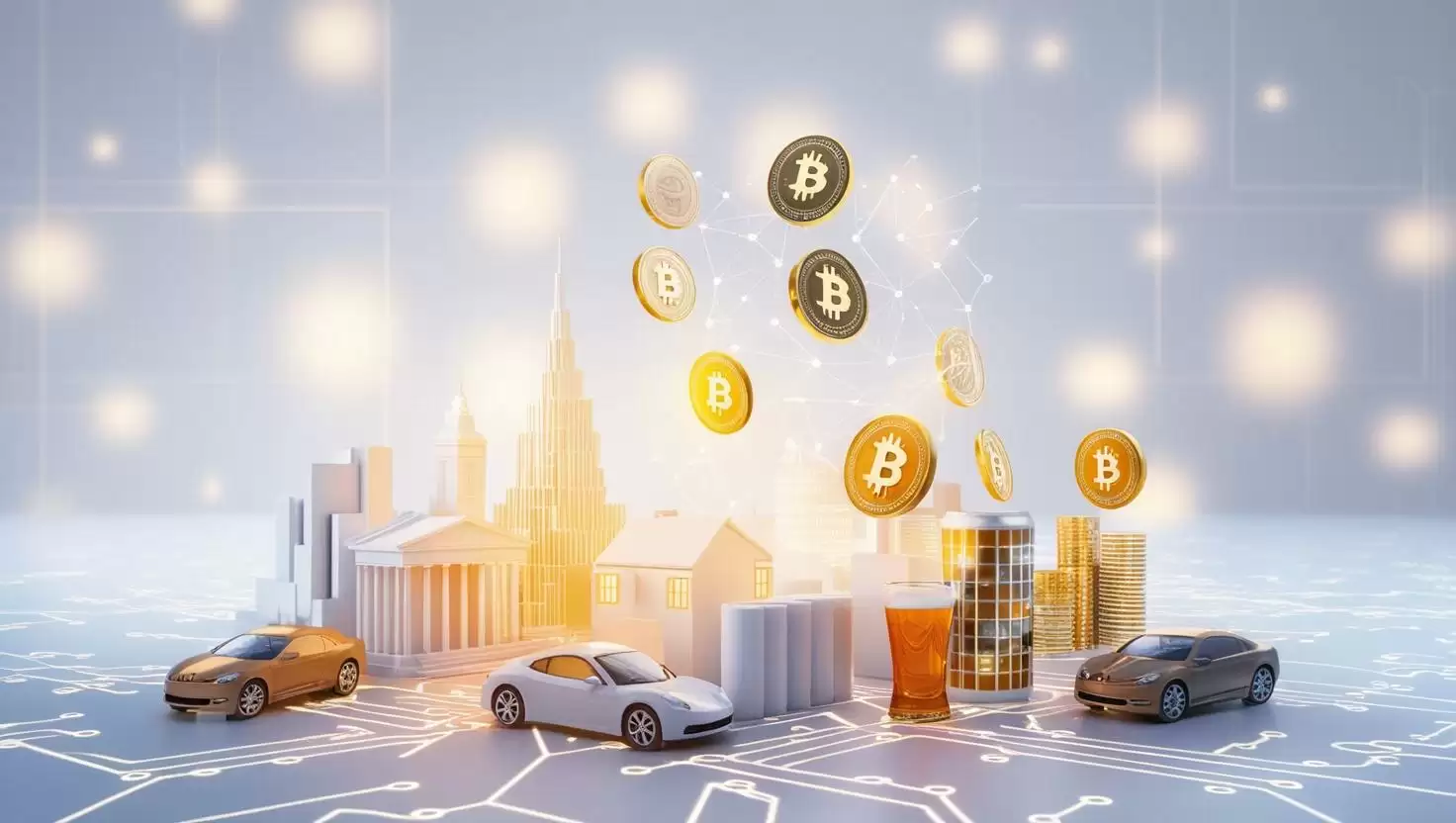 3D real-world objects like buildings, cars, and bars being converted into digital tokens, with blockchain grids in the background in a light style, no more element.webp