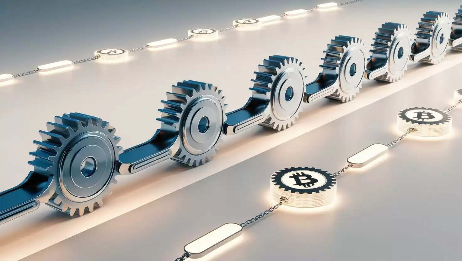 3D blockchain mechanics with interlocking gears, transaction blocks, and data flowing seamlessly through a chain, representing cryptocurrency functioning in a light style, no more element.webp