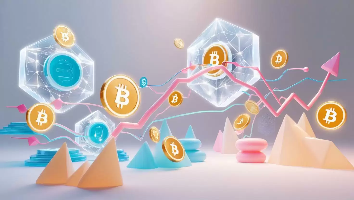 3D interconnected Web3 business models, tokenomics graphs, and crypto tokens floating, showing decentralized finance and economic models in a light style, no more element (1).webp