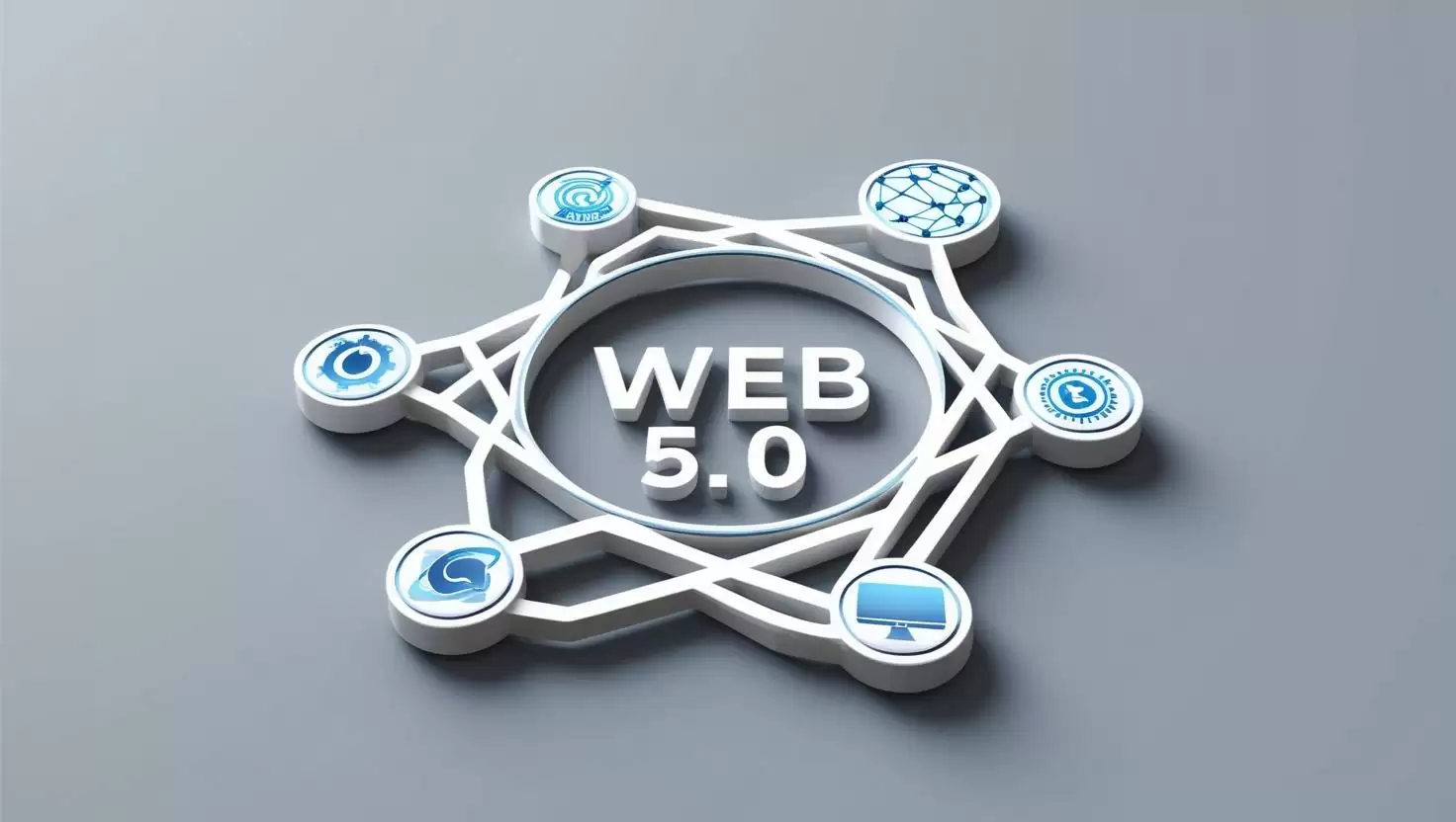 3D Web 5.0 logo with futuristic internet icons and blockchain network in a light style, no more element, no word.webp