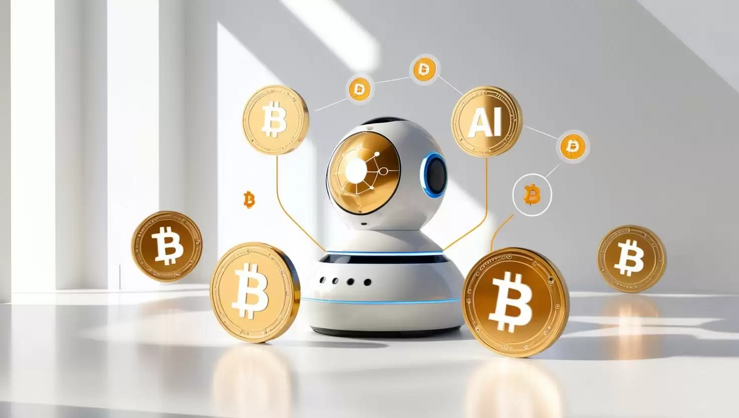 3D AI  integrated with blockchain network,  DeFi icons and digital coins in a light style, no more element, no word.webp