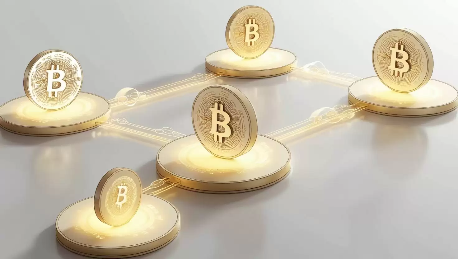 3D interconnected blockchains with data flowing between them in a light style, no more element, no word.webp