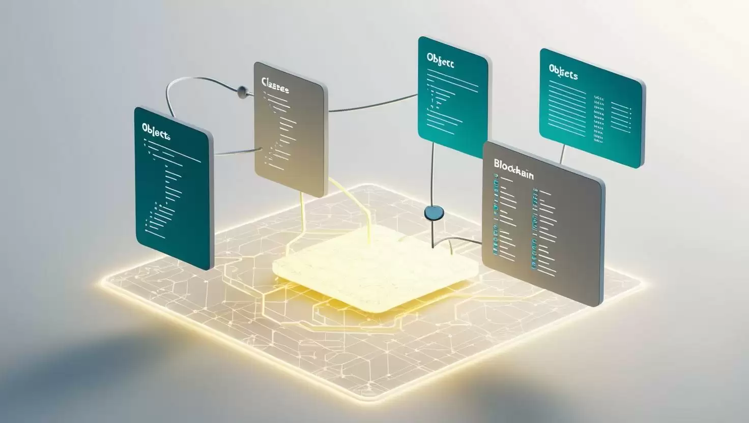 3D representation of Object-Oriented Programming with Solidity symbols, classes, and objects floating on a blockchain grid in a light style, no more element.webp