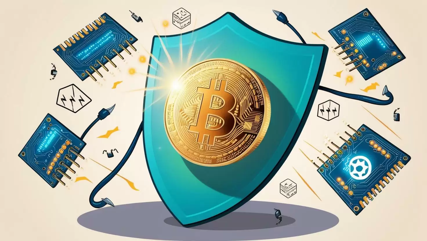Glowing Bitcoin coin surrounded by hacker tools (like malware and phishing hooks) bouncing off a secure blockchain shield in a light style, no more element, no word (1).webp