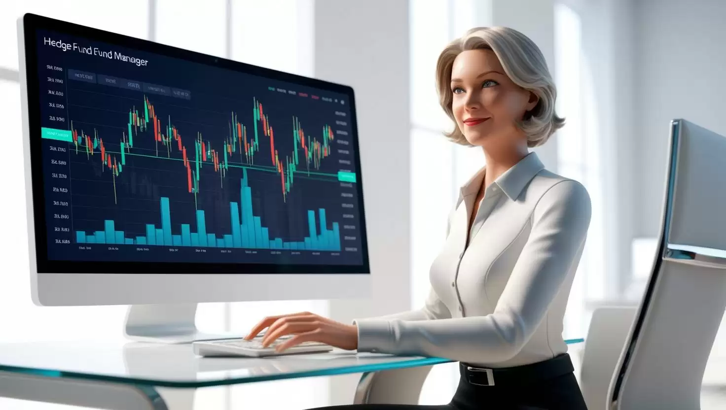 3D visual of a hedge fund manager in front of a computer with crypto market charts in a light style, no more element, no word.webp