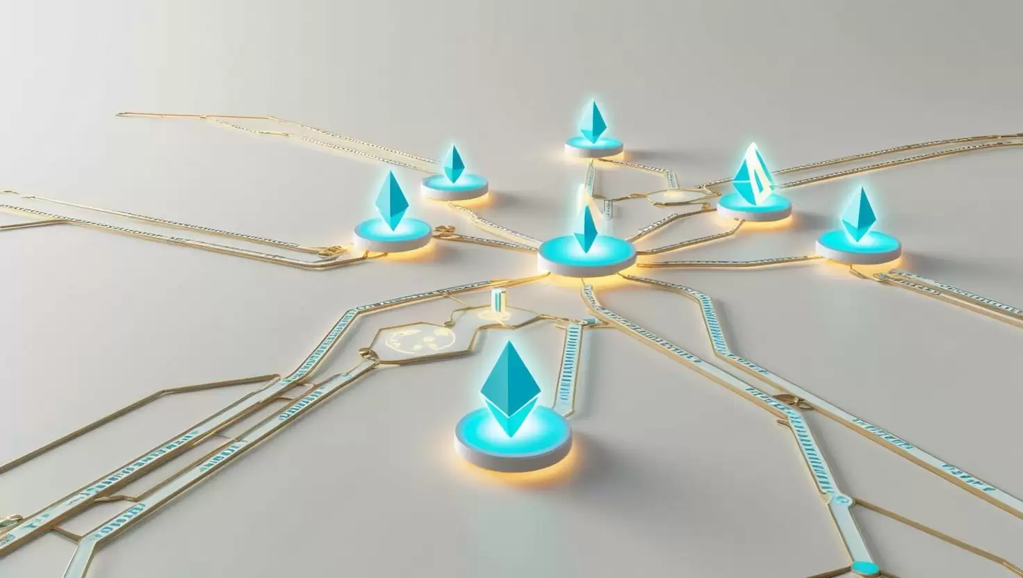 3D visualization of Ethereum blockchain with Layer-2 solutions , showing faster transactions and scalability in a light style, no more element, no text.webp