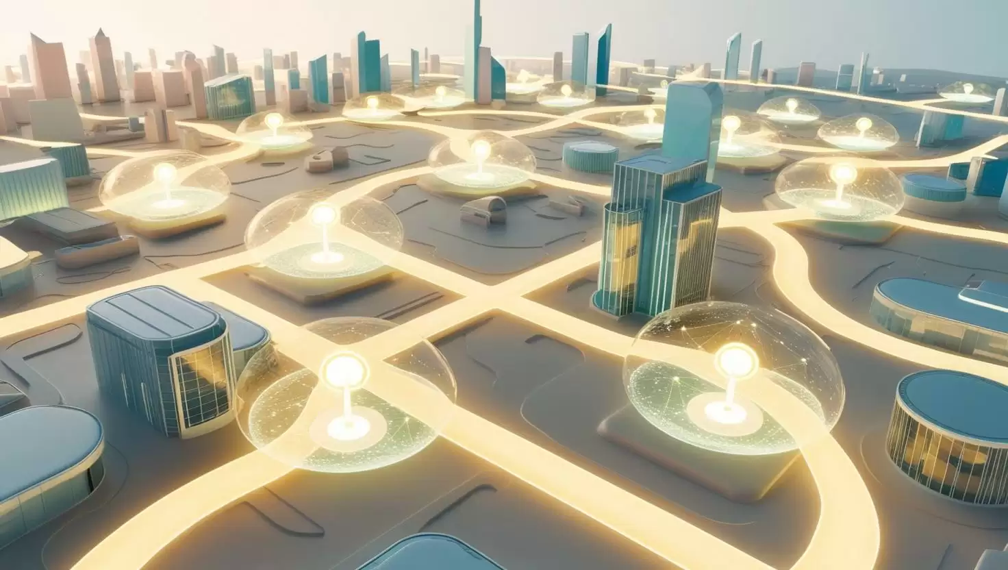 A futuristic 3D cityscape representing a decentralized financial ecosystem, with glowing pathways and blockchain nodes. in a light style, no more element.webp