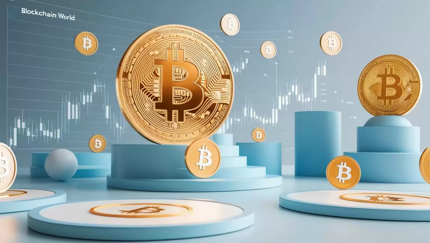 3D blockchain world，coin chart with Bitcoin coin ， value icons in a light style, no more element, no word (2).webp