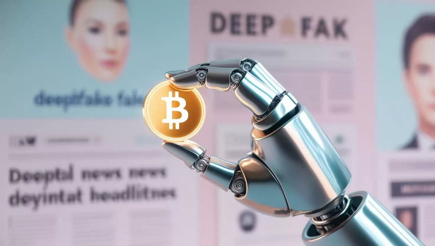 3D render of a robotic hand manipulating a digital coin, deepfake faces and fake news headlines in the background in a light style, no more element, no word.webp