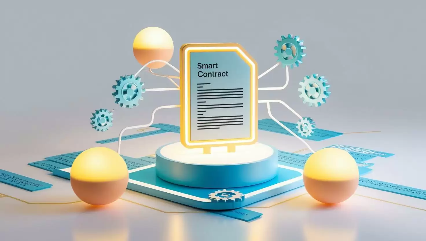 3D smart contract document icon connected to blockchain nodes, with gears representing automation and coding elements  in a light style, no more element.webp