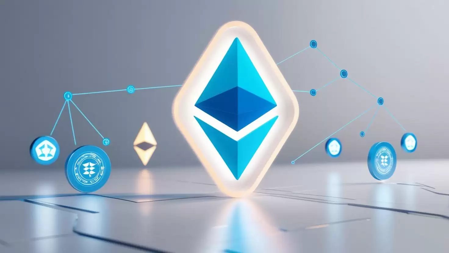 A futuristic 3D Ethereum logo transforming into a brighter, upgraded version, with  network nodes, validators, and proof-of-stake symbols in the background in a light style, no more element.webp