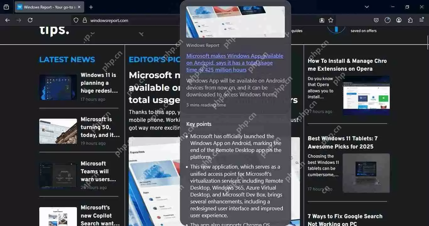 火狐 Firefox 浏览器测试 AI 链接悬停预览，解析网页关键点