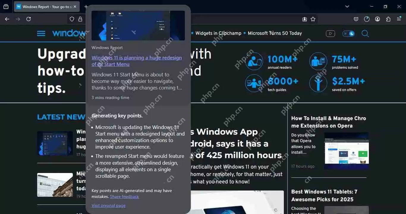 火狐 Firefox 浏览器测试 AI 链接悬停预览，解析网页关键点