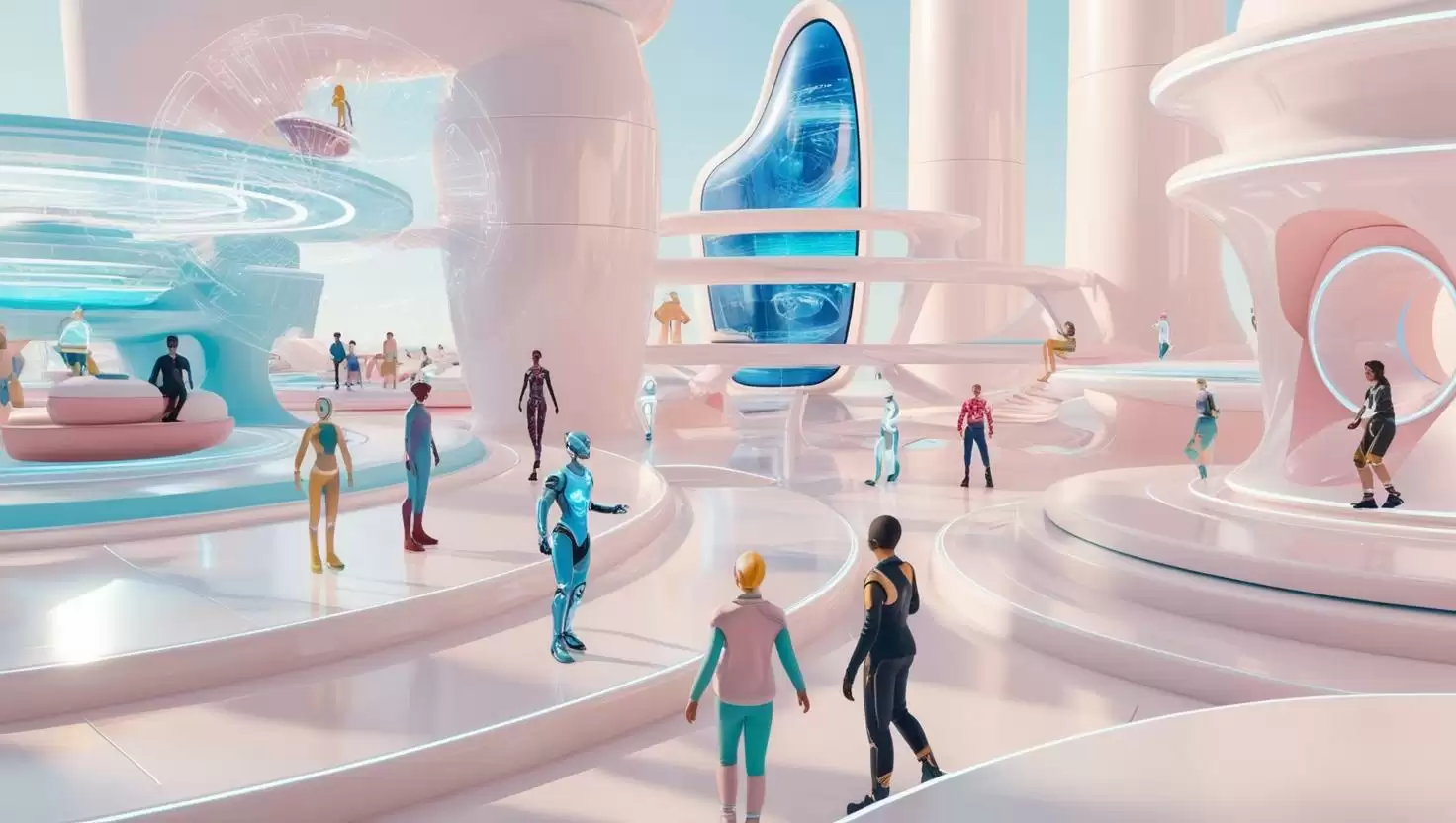 3D visualization of a futuristic metaverse world with digital avatars, virtual cities, and augmented reality elements in a light style, no more element, no text.webp