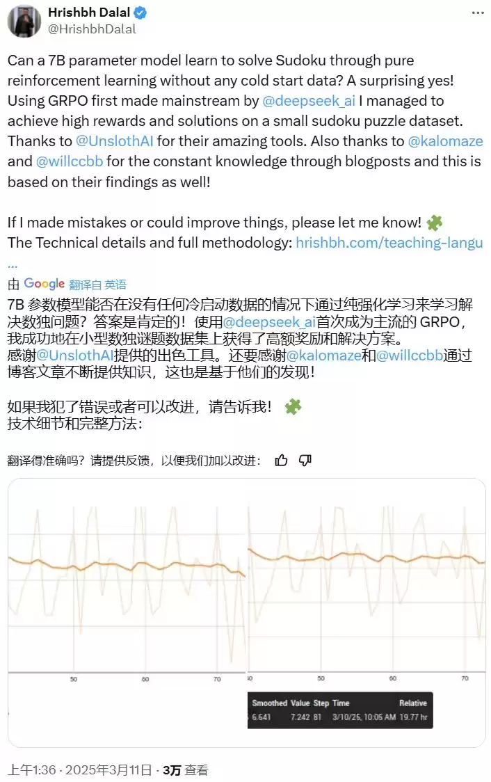 使用DeepSeek的GRPO，7B模型只需强化学习就能拿下数独