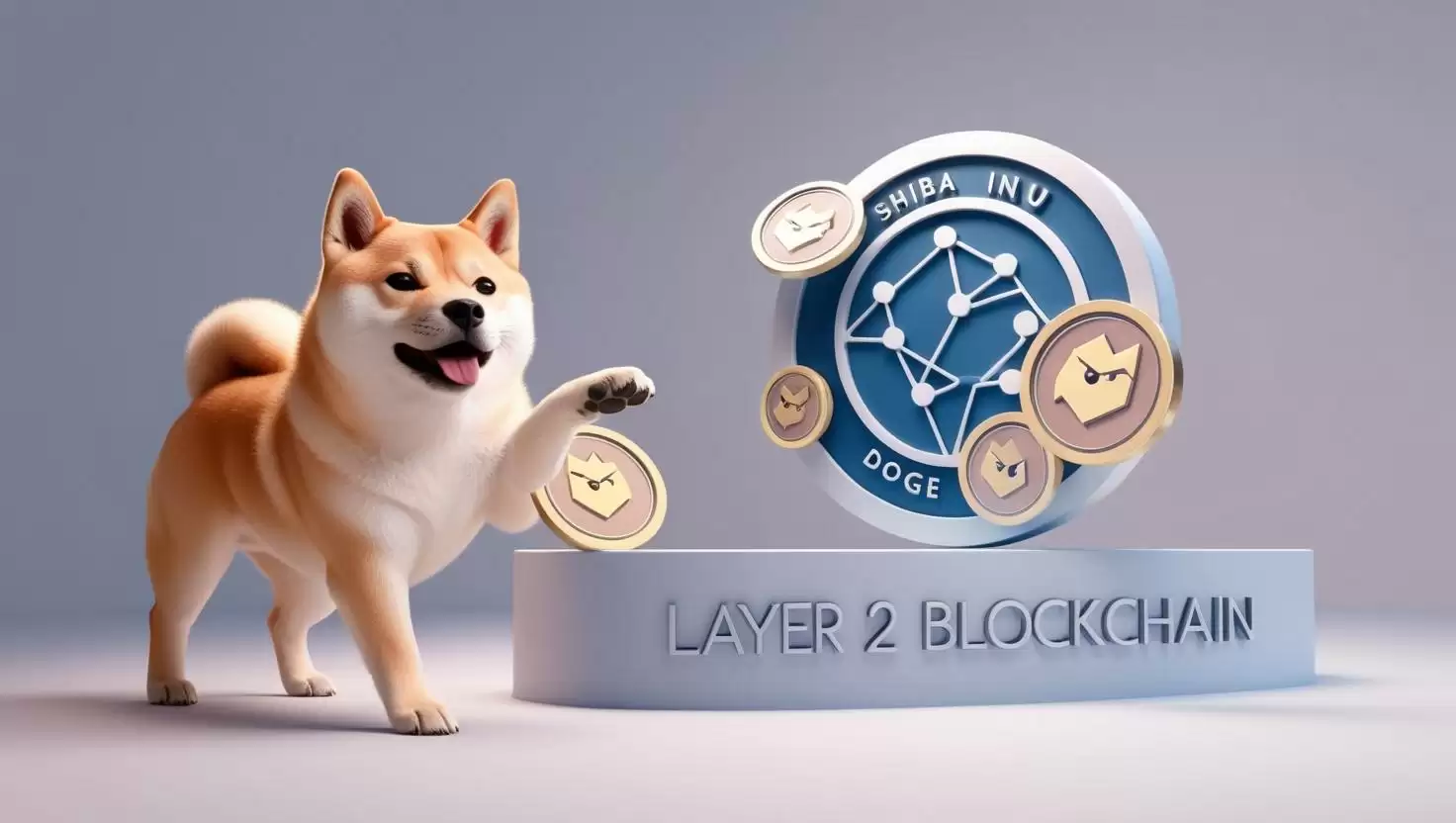3D doge logo with Layer 2 chain and doge tokens in a light style, no more element, no word.webp