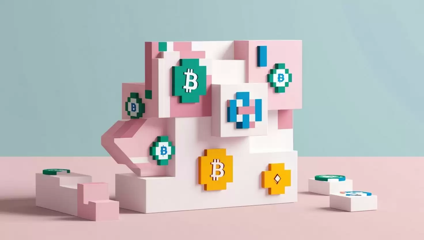 3D NFT with pixelated art and blockchain icons in a light style, no more element, no word.webp