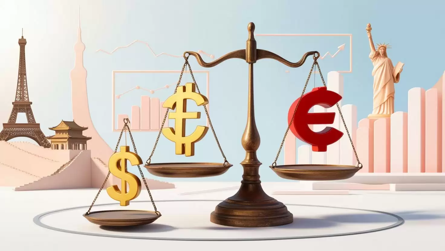 3D illustration of currency symbols balancing on scales, with global landmarks and economic graphs in the background in a light style, no more element, no text.webp