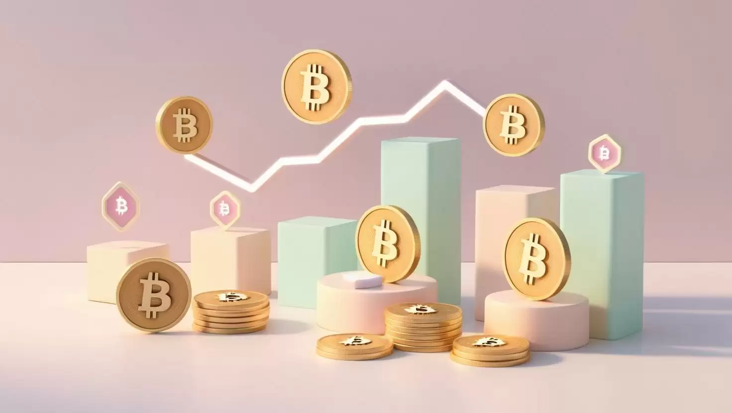 3D NFT，coin chart with Bitcoin coin ， value icons in a light style, no more element, no word (1).webp